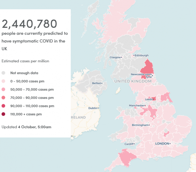 2,440,780 people are currently predicted to have symptomatic COVID in the UK 2,440,780 people are currently predicted to have symptomatic COVID in the UK